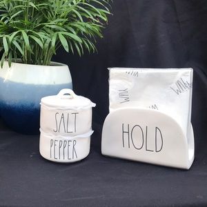 Rae Dunn Salt & Pepper Cellar & HOLD Napkin Holder